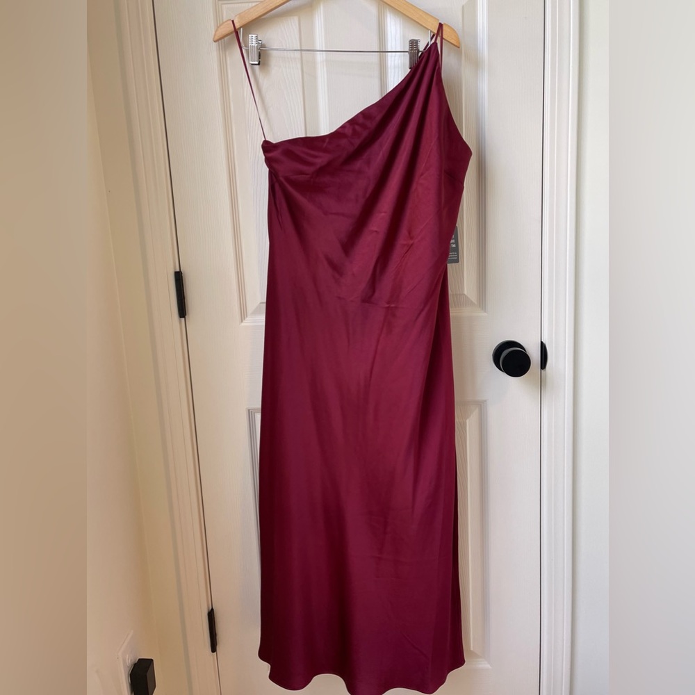 NWT Express Satin Cross Back One Shoulder Midi Dress in Burgandy
